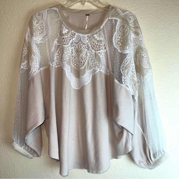 Free People Toni Lace Sheer Embroidered Long Sleeve Top in Oatmeal Sz S - Picture 16 of 16